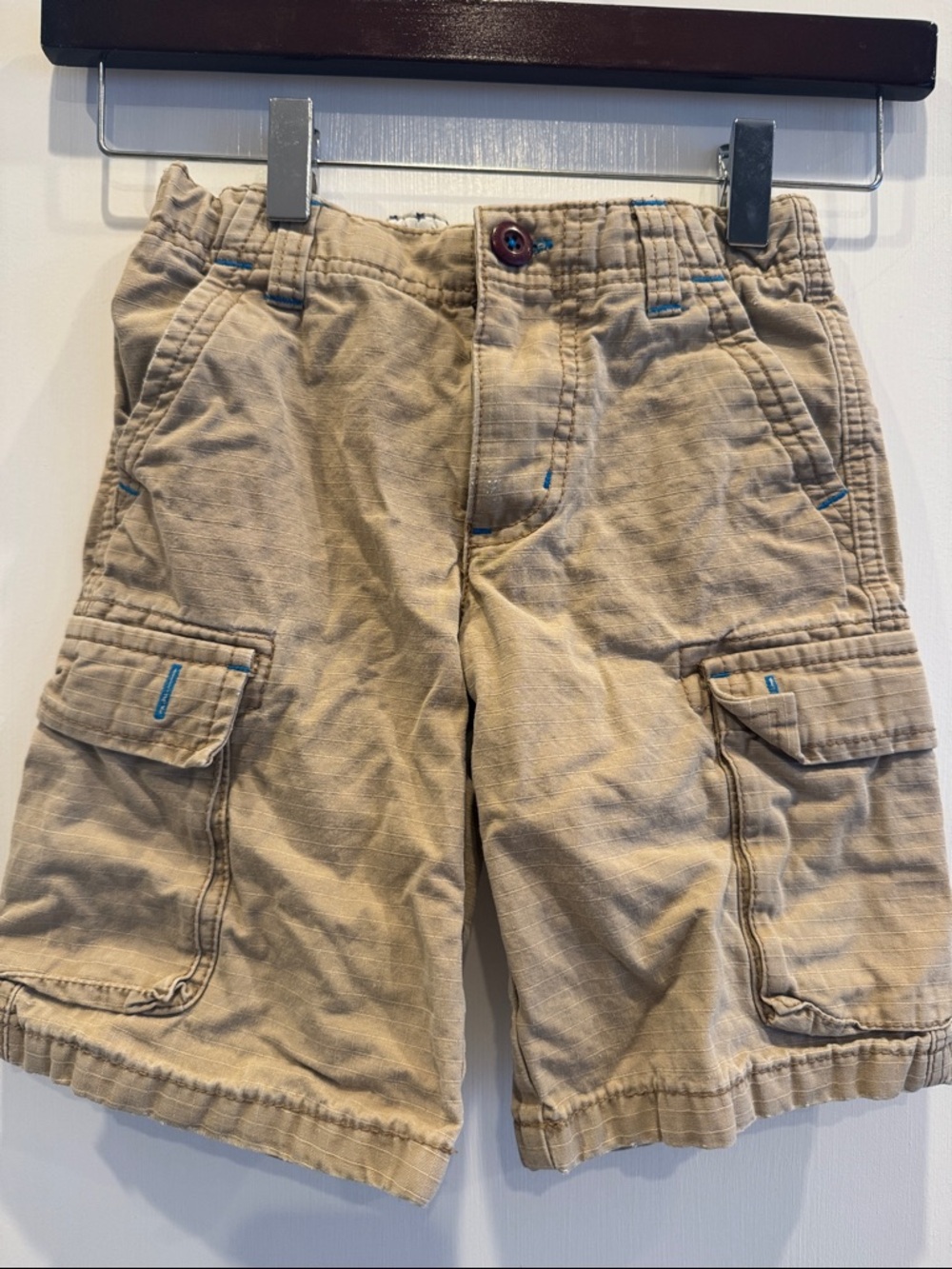 Mini Boden Tan Cargo Shorts with Blue Stitching